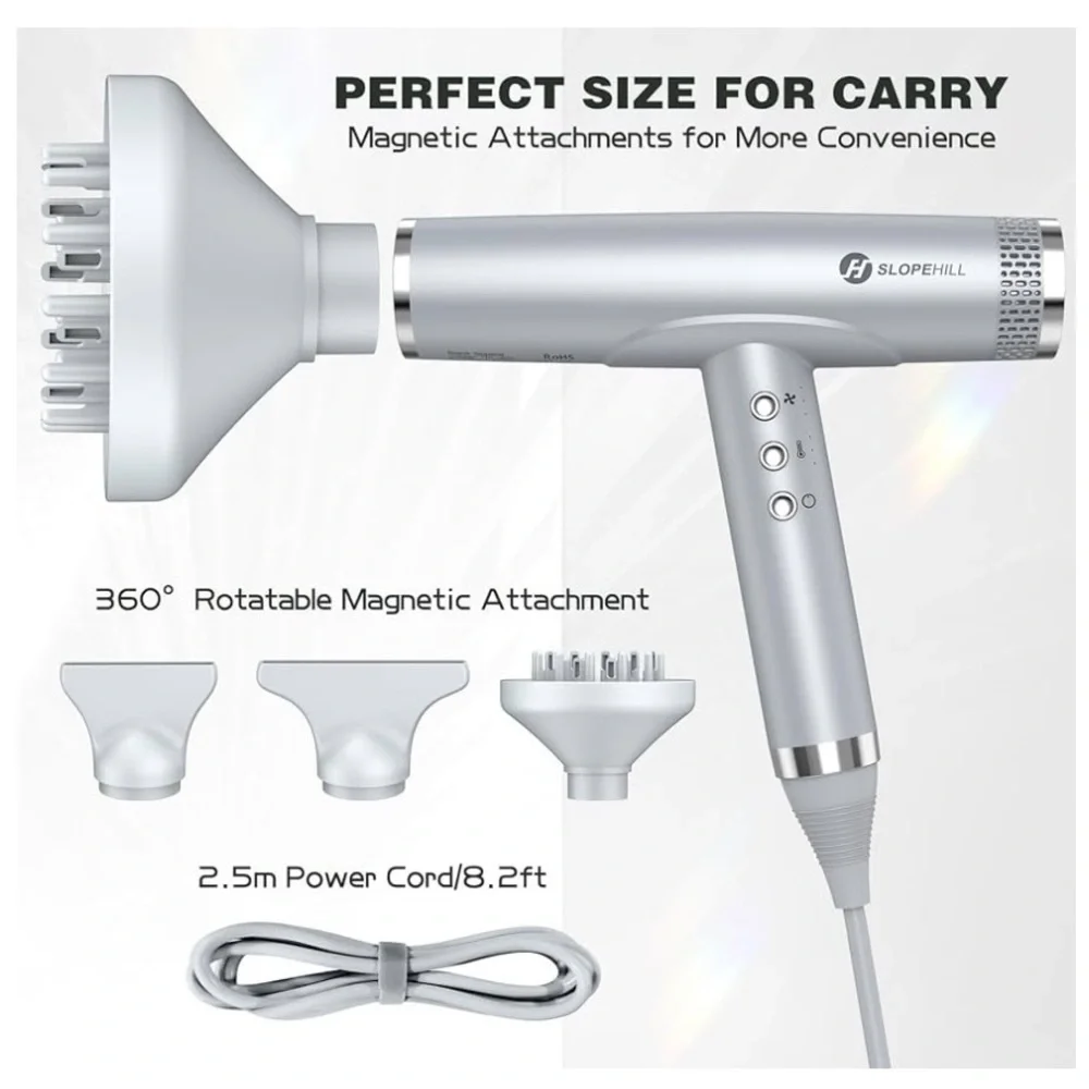 Silver Compact Low Noise 2000W Travel Hair Dryer with attachments #HB4